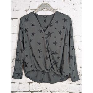 RAILS "Hillary" Top Charcoal Cheetah Stars Faux Wrap Surplice Rayon LS Medium